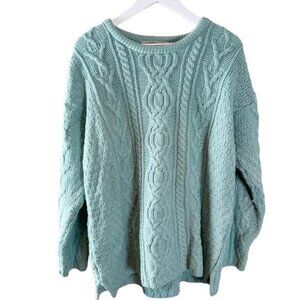 Aran Crafts Merino Wool Chunky Cable Knit Turquoise Blue Sweater Ireland Sz XXL